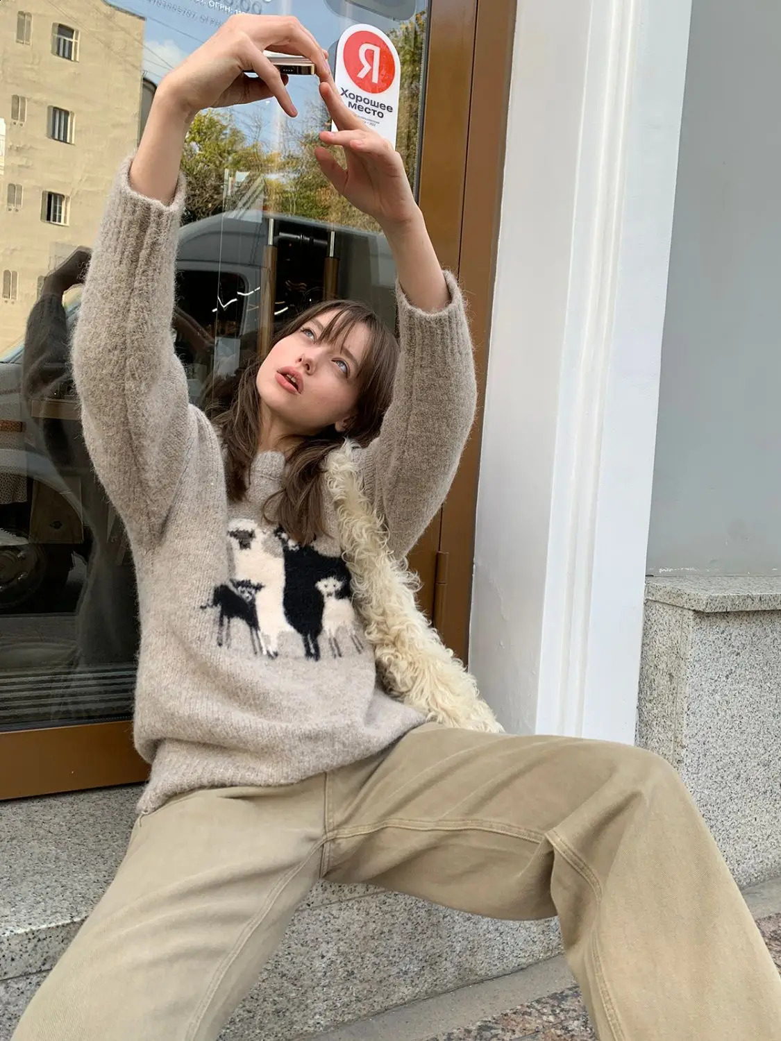 Vintage Gray Y2K Cute Cartoon Sheep Embroidery Jacquard Sweater Soft Warm Winter Jumper Harajuku Kawaii Winter Clothes 241224