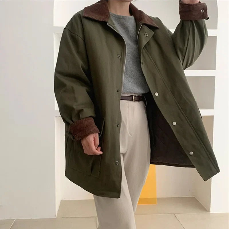 Vintage Patchwork Turn-down Collar Corduroy Jacket Coat Autumn Loose Hip Hop Jacket Women Streetwear Casual Outerwear Female Top 241224