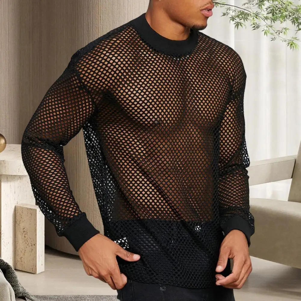 Summer Men Mesh Top Ultra Thin Seethrough Solid Colo RO Neck Long Sleeves Shirt Casual Elastic Cuff Sleeve Male Muscle Tee 241223