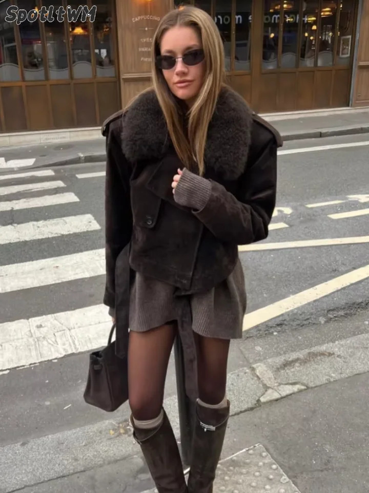 Vintage Brown Faux Fur Collar Suede Short Womens Jacket Fashion Lace Up Long Sleeve Cropped Coats Winter Female 2024 Streetwear 241223