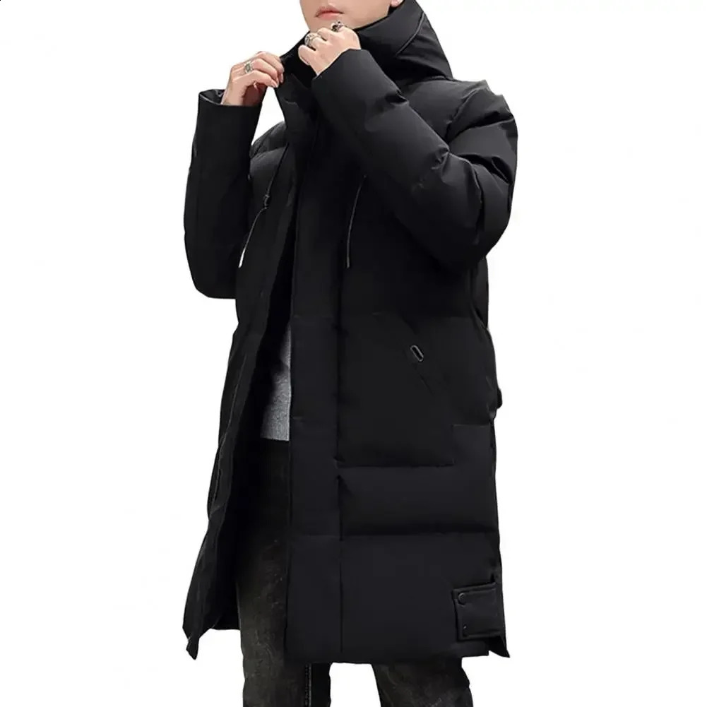 Hooded Winter Down Coat for Men Parkas Thickened Solid Color Padded Cardigan Midi Length Zip Up Mens Daily Wear 241228