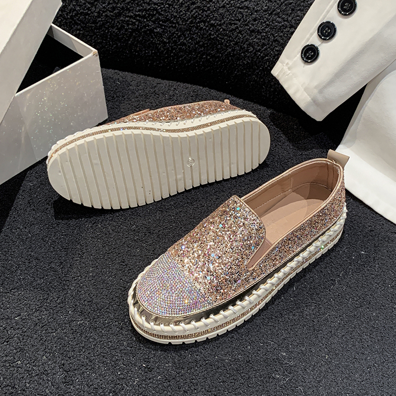 Women's Water Diamond Fashion Casual Shoes Designer Flat Shoes High Quality Thick Bottom Luxury Single Shoes Zapatos de Mujer Luxurious shiny out