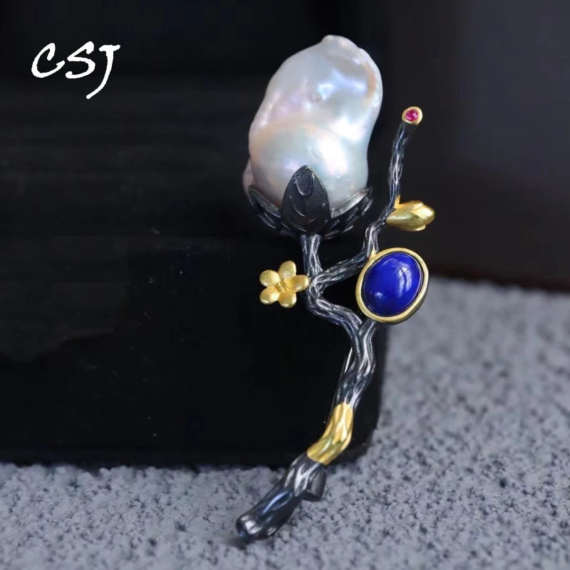 CSJ Vintage Natural Lapis Baroque Pearl Brooch Sterling 925 Silver Handmade Jewelry for Women Lady Wedding Engagment Party Gift 241227