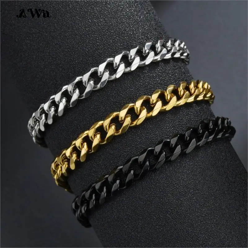 Awit Mens Simple 311mm Stainless Steel Curb Cuban Link Chain Bracelets for Women Unisex Wrist Jewelry Gifts 241223
