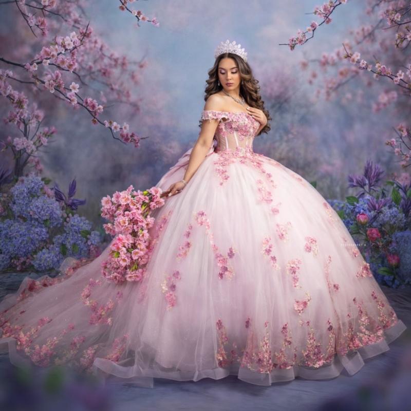 Pink Quinceanera Dresses Ball Gown Off The Shoulder Applique Lace Beading Tull Corset Party Birthday Sweet 16 Vestido De 15 Anos