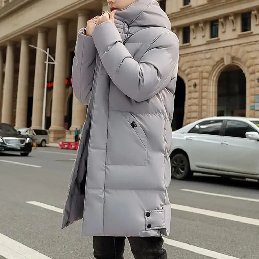 Hooded Winter Down Coat for Men Parkas Thickened Solid Color Padded Cardigan Midi Length Zip Up Mens Daily Wear 241228