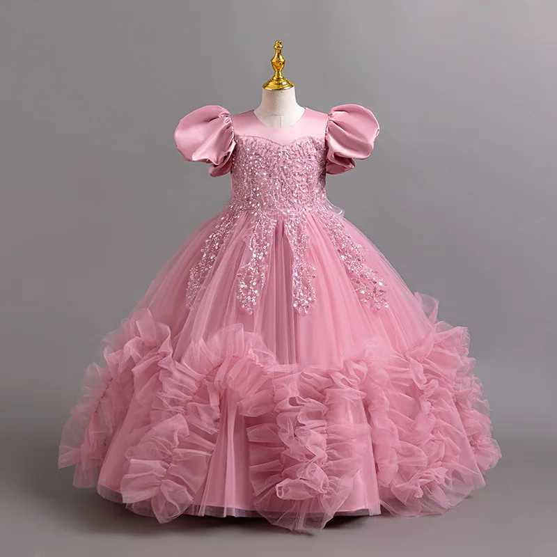 Girl's Dresses New handmade bead mesh with bubble sleeves suitable for girls Christmas weddings floral girls 3-12 year evening dresses Y250227BFH