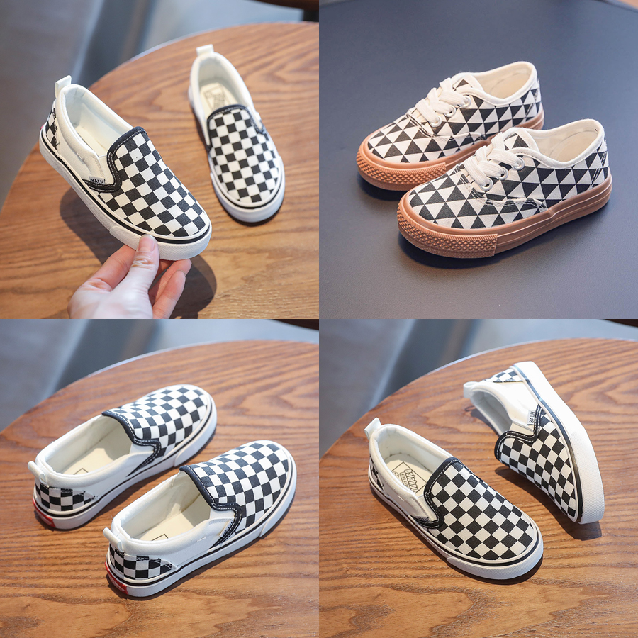 Kid Canvas Shoes White and Black Plaid Checkered Casual Sneakers Toddler Soft Sole Kidsnest Fashion Shoes for Boys Girls Size US3c-US4y