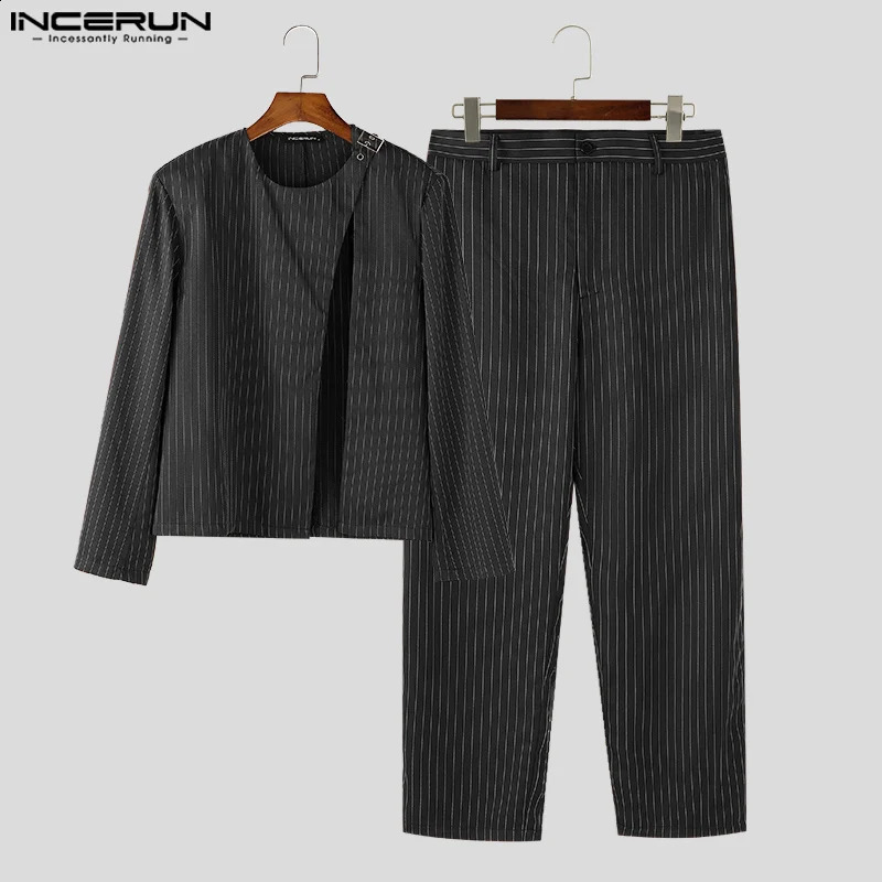 2024 INCERUN Men Casual Solid Color Sets Striped O-neck Long Sleeve Suits Split Sexy Loose Tailored Suit Korean Fashion Wear 241224