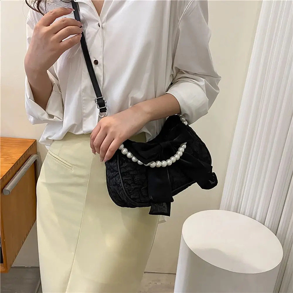 Butterfly Ribbon Shoulder Bag Fashion PU Leather Large Capacity Underarm Bag Pearls Crossbody Bag Women Girls 241223