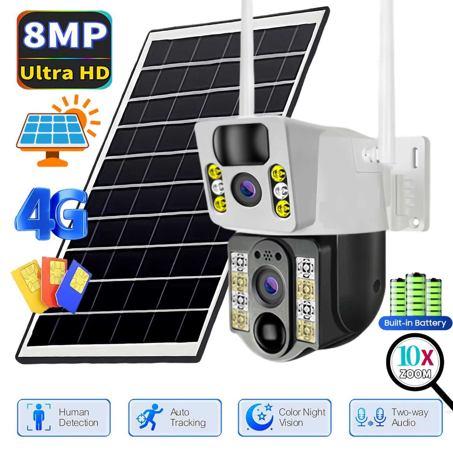 4K Solar Camera 4G SIM Card Dual Lens 8MP HD Night Vision IP CCTV Surveillance PTZ PIR Human Detection Al Waterproof CameraXJ241228