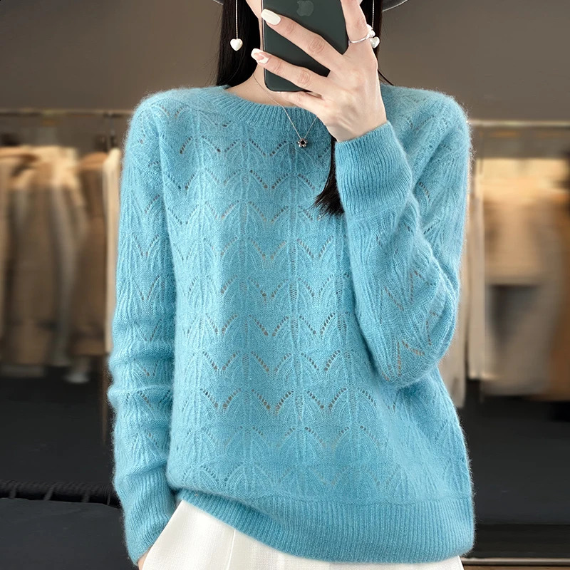 Wool Oneck Sweater Women Knitted Hollowout Long Sleeve Tops Spring Female Pullover Autumn Winter Loose Fashion Basics Jumper 241223Z