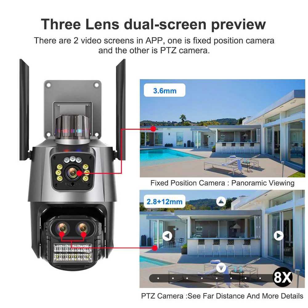 9MP WiFi Camera Outdoor8X Zoom Security Camera 4K Video Surveillance Three Lens Dual Sn PTZ ICsee Alexa NVR Security CCTVXJ241228