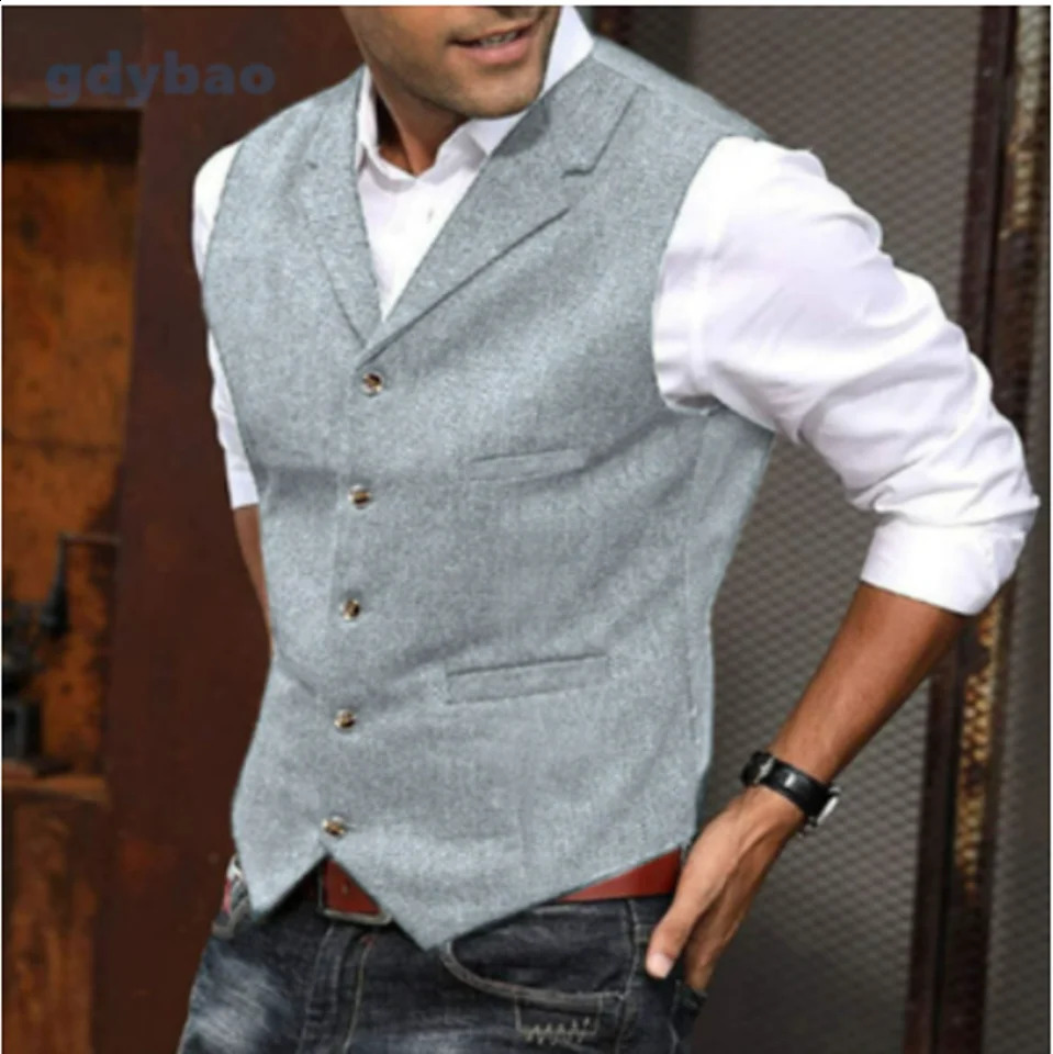 Mens Casual Classic Suit Vest V Neck Herringbone Tweed Slim Fit Business Waistcoat For Wedding 241223Z