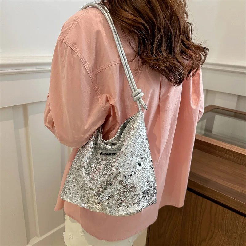 Fashion Shiny Sequins Bag Underarm Shoulder Bag for Women TLXT PU Leather Bling Small Bucket Messenger Bag Fashion Designer Shopping Silver Handbags