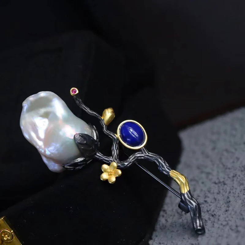 CSJ Vintage Natural Lapis Baroque Pearl Brooch Sterling 925 Silver Handmade Jewelry for Women Lady Wedding Engagment Party Gift 241227
