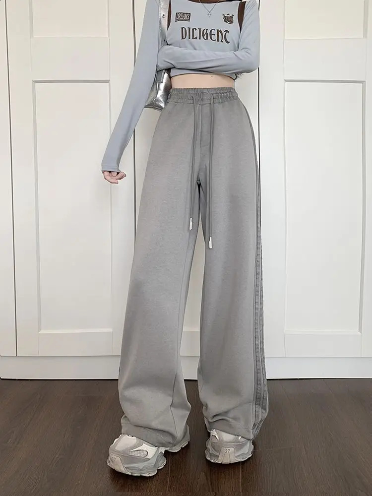 American Gray Sweatpants Women Autumn Winter High-waisted Casual Striped Sweatpants Small People Loose Slimming Wide-leg Pants 241220