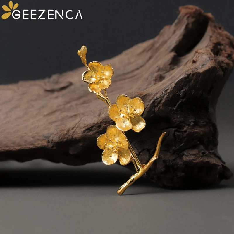 GEEZENCA 925 Sterling Silver Cherry Blossom Brooches For Women Aesthetic Flower Chic Clothing Accessories Pins Gift 241227