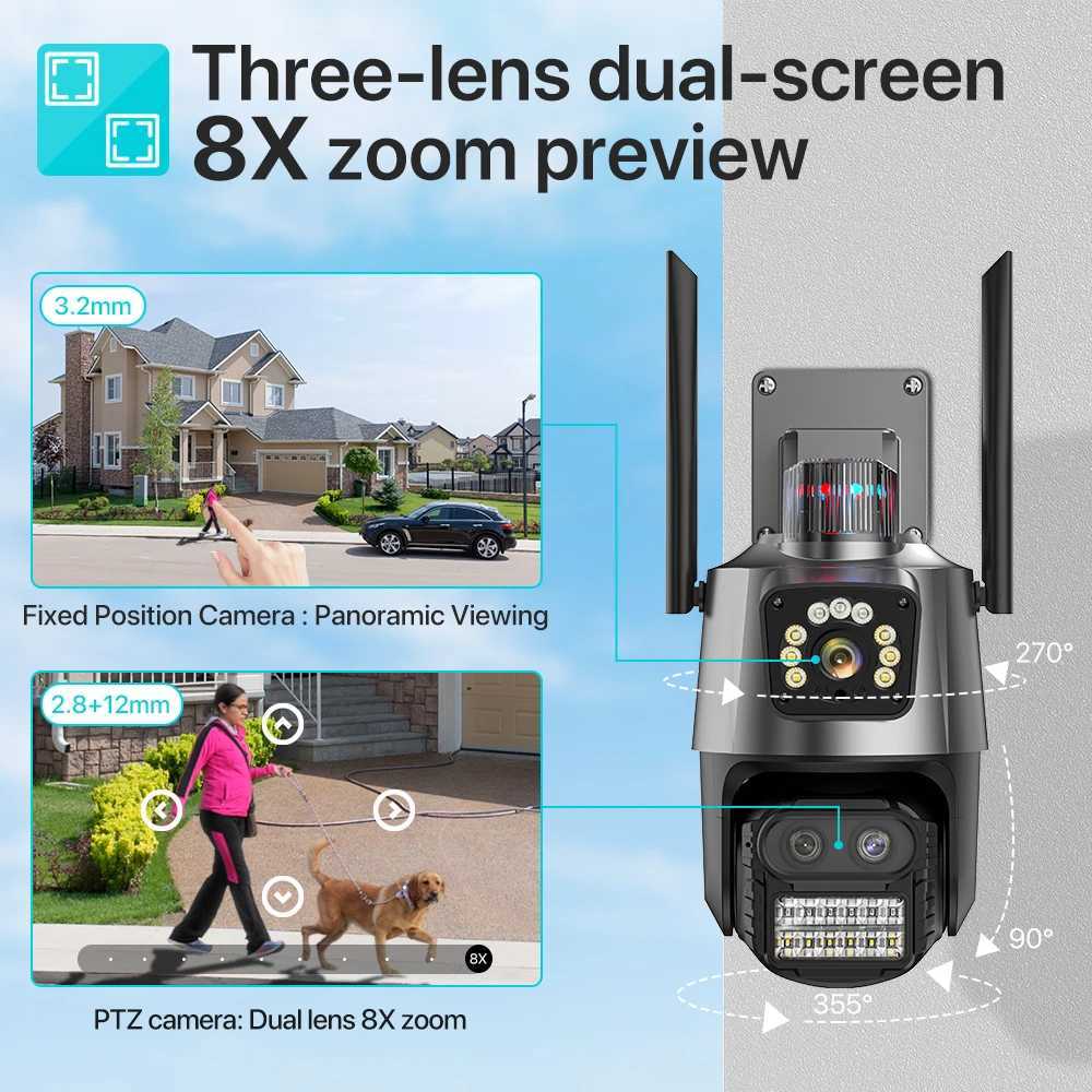 Outdoor PTZ Camera 9MP 4K HD 8X Hybrid Zoom Three Lens Dual Sn Wifi IP Camera 4MP Police Light Al CCTV Surveillance iCSeeXJ241228