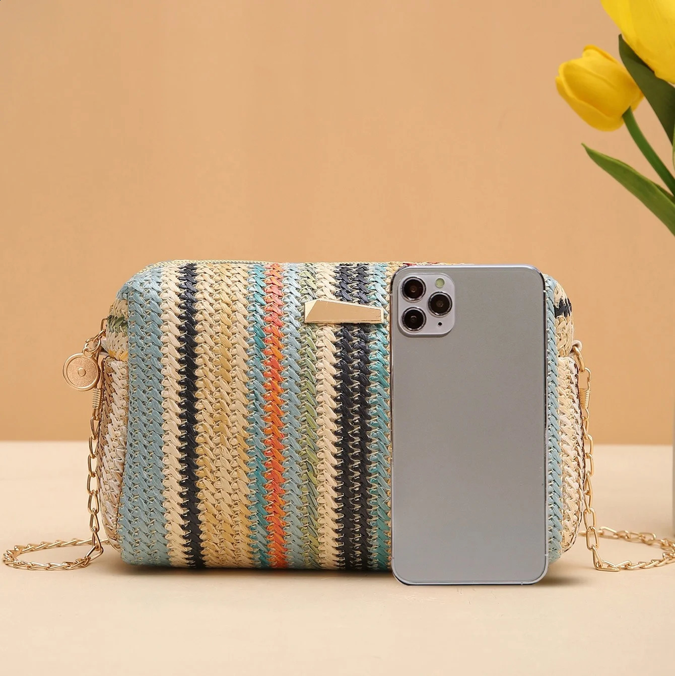 Summer Rainbow Rattan Knitting Straw Bag Shoulder Crossbody Beach Chain Small Purse Handbag Female Travel Flap Women 241225