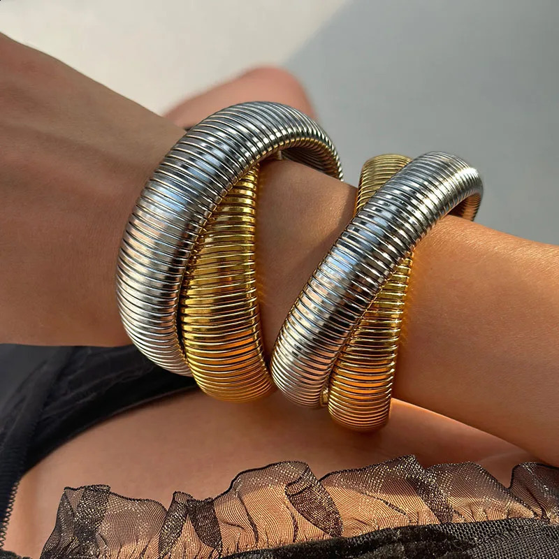 Double layered elastic Gypsy bangles stainless steel wide chunky bangles statement jewelry waterproof punk jewelry 241228