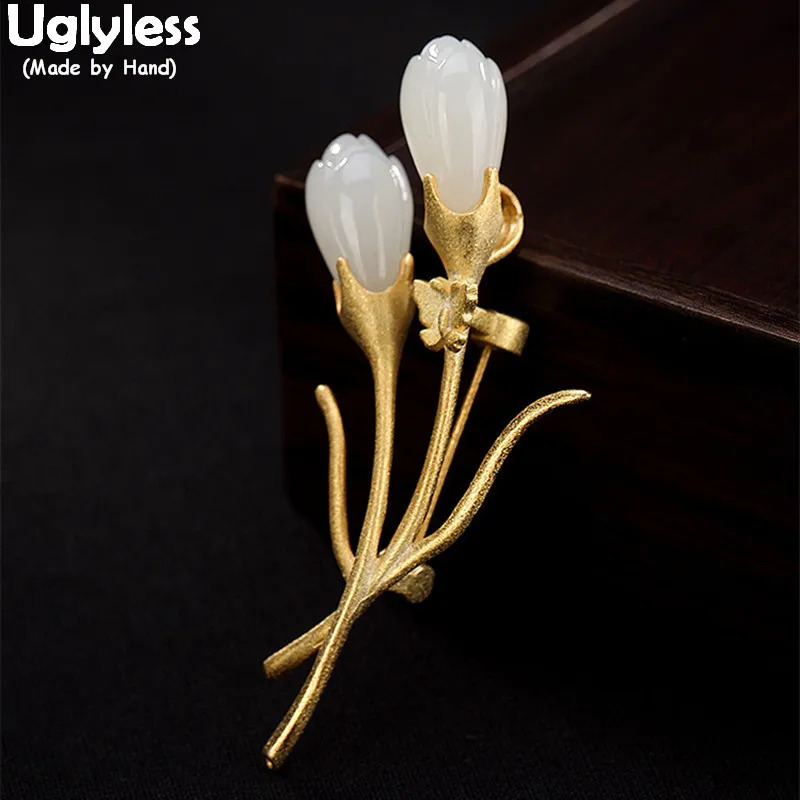Uglyless Real Solid 925 Sterling Silver Natural Jade Magnolia Pins for Women Evening Dress Brooches Dual Use Flower Pendants 241227