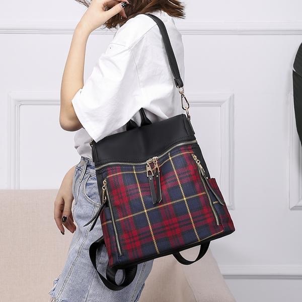 Checkered women, new Korean fashion canvas, large capacity for travel, women's Oxford cloth backpack