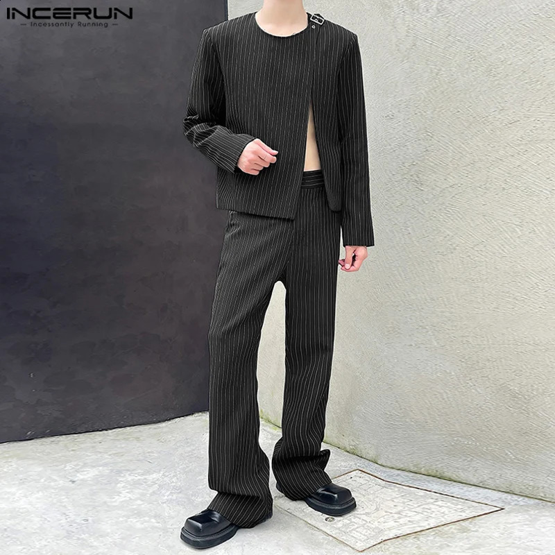2024 INCERUN Men Casual Solid Color Sets Striped O-neck Long Sleeve Suits Split Sexy Loose Tailored Suit Korean Fashion Wear 241224