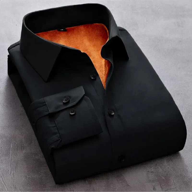 Mens Solid Fleece Warm Shirt Male Fashion Long Sleeve Business Big Size Print Plaid Thick 5XL Autumn Winter 241223