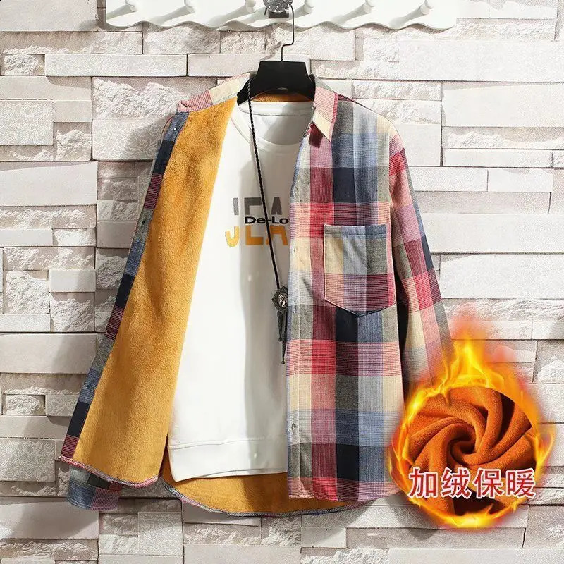 Checkered Shirt Mens Casual Plus Plush Thick Mens Long Sleeved Warm Shirt Student Korean Version Trendy Jacket 241223