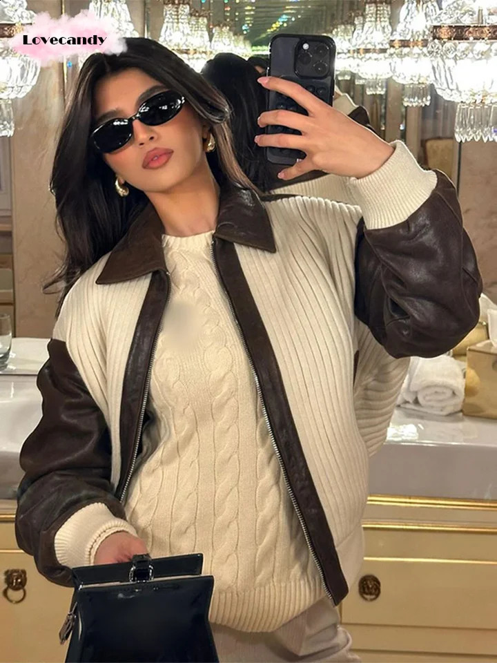 Women Casual Zipper Contrasting Leather Coat Fashion Lapel Long Sleeves Loose Jacket Autumn 2024 chic Office High Streetwear 241224