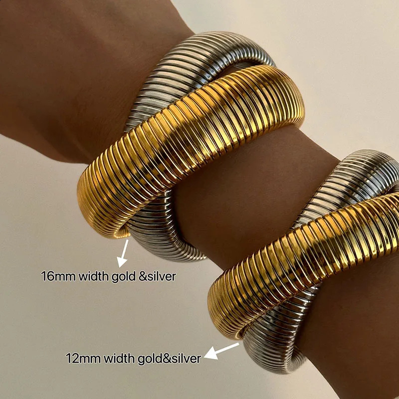 Double layered elastic Gypsy bangles stainless steel wide chunky bangles statement jewelry waterproof punk jewelry 241228