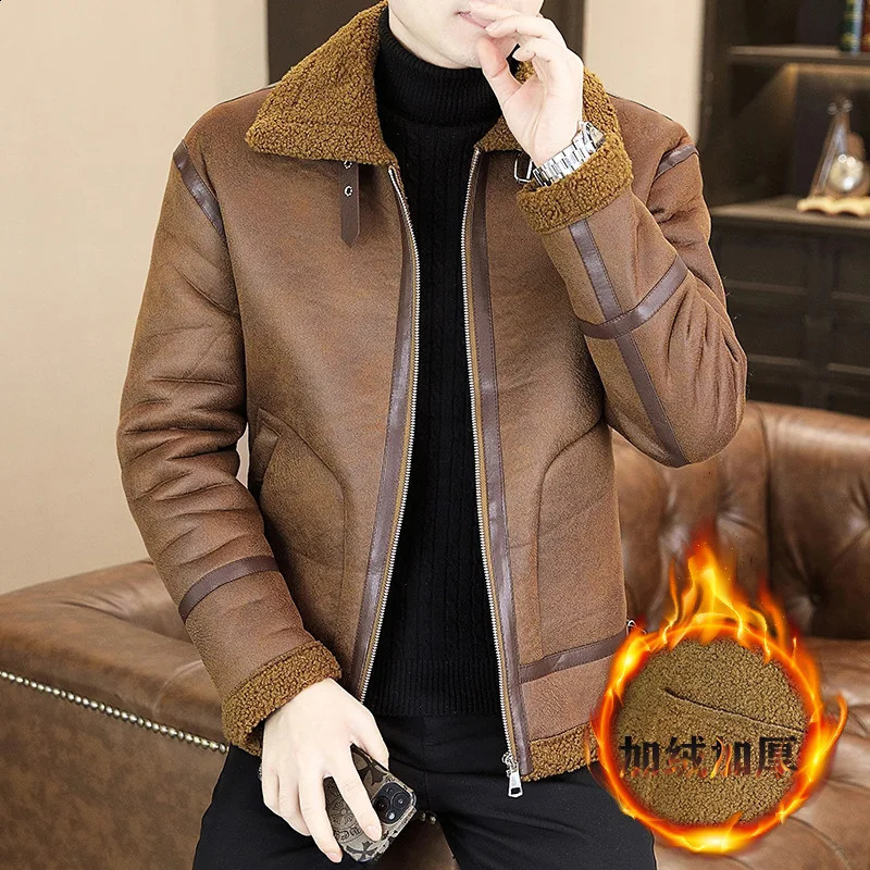 High Quality Male Winter PU Leather Coats Overcoat Jackets Thick Warm Wool Fleece Fur Collar Men Jacket Coat 241220