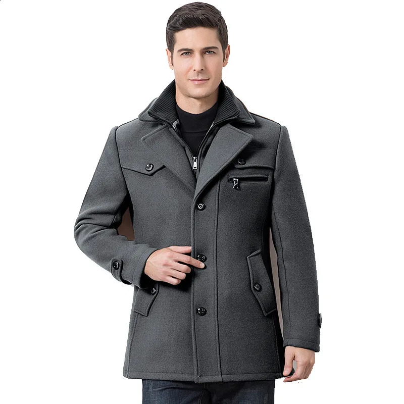 Winter Mens Casual Wool Trench Coat Fashion Business Medium Solid Thicken Slim Windbreaker Overcoat Jacket Male Plus Size 5XL 241220