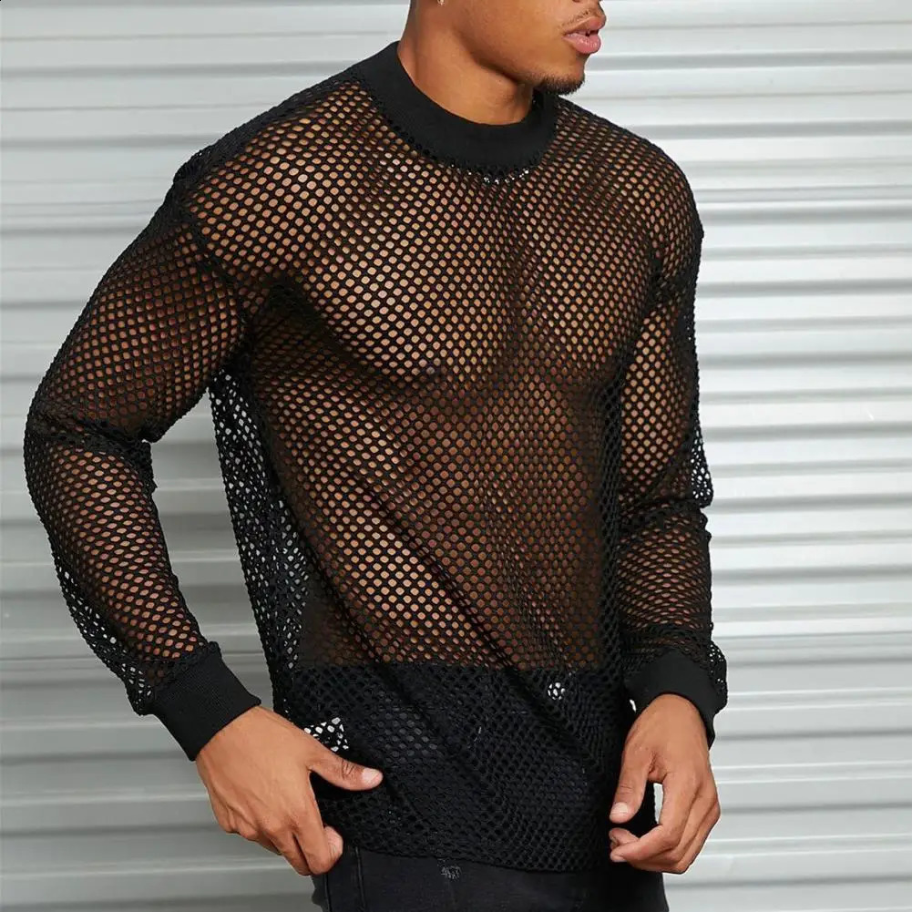 Summer Men Mesh Top Ultra Thin Seethrough Solid Colo RO Neck Long Sleeves Shirt Casual Elastic Cuff Sleeve Male Muscle Tee 241223