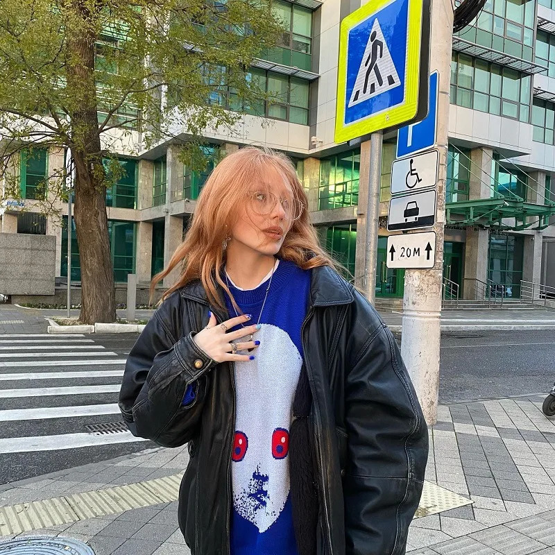 Deeptown Y2k Gothic Knitted Sweater Women Harajuku Printed Oversized Pullover American Fashion Autumn Streetwear Hip Hop 241223