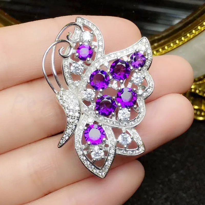 Natural real amethyst or emerald butterfly style brooch pins 925 sterling silver 0.2ct*7pcs gemstone T8100914 241227