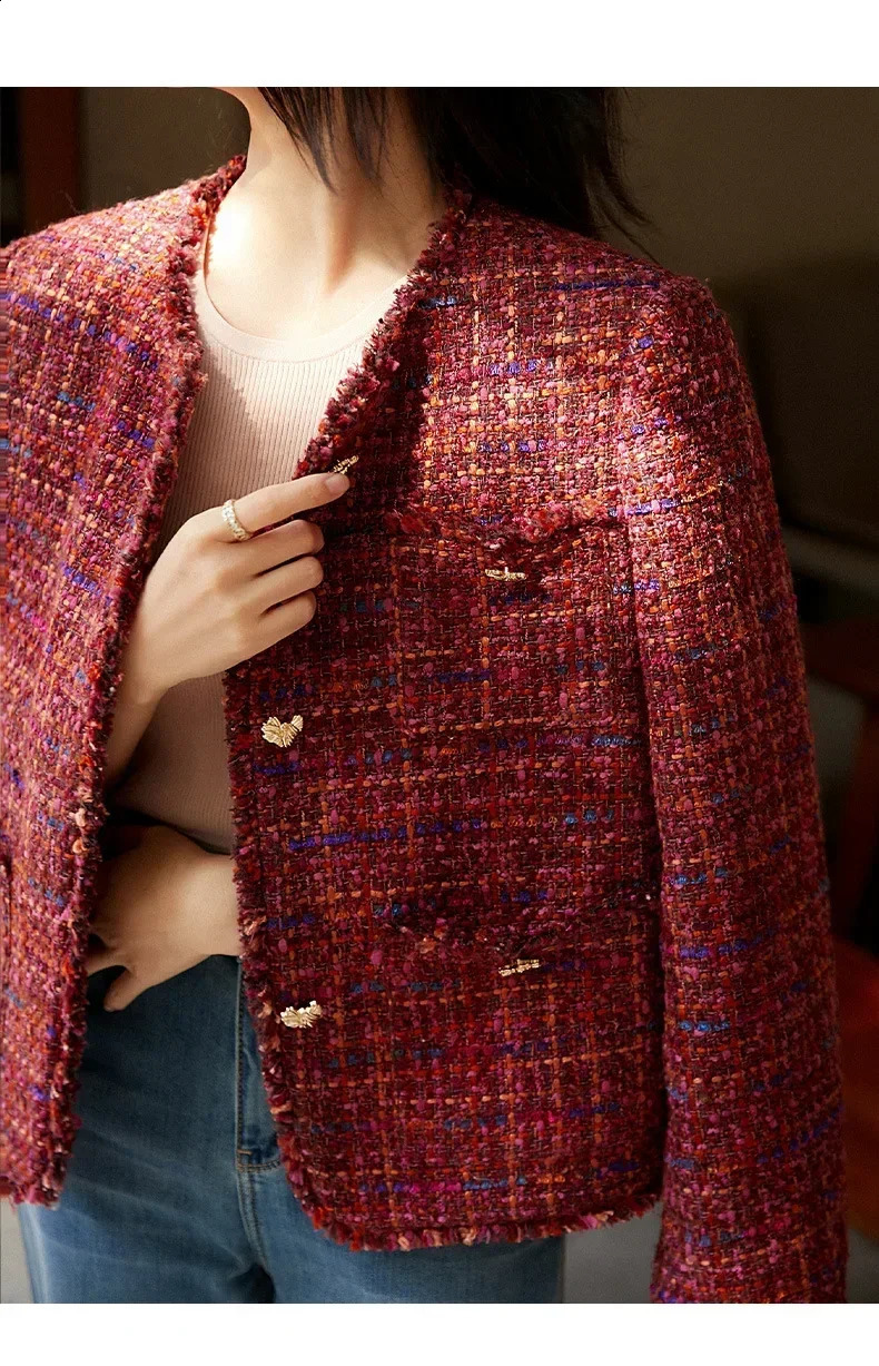 Autumn Women Wine Red Tweed Wool Jacket High-end Red Tweed Short Coat Spring and Autumn Coat Tweed Womens Tweed Coat 241224