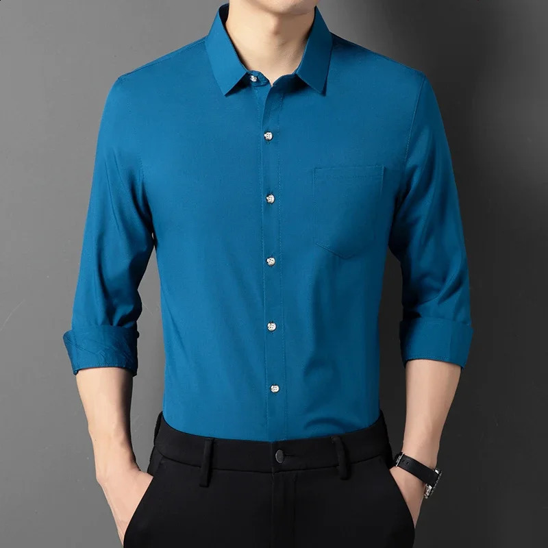 Mens Business Casual Solid Color Long Sleeved Shirt Non Ironing Comfortable Top 241223