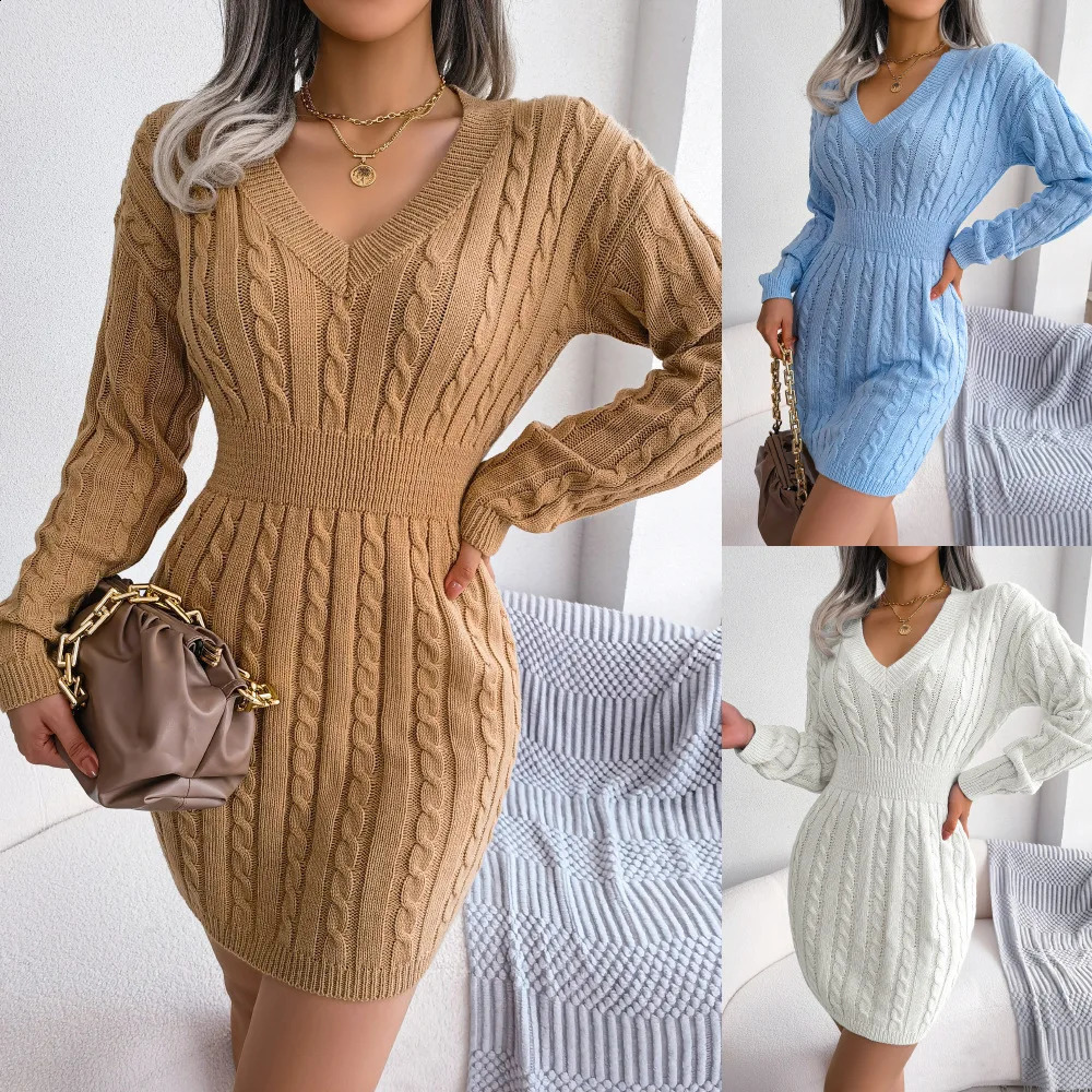 Autumn Winter Knitted Slim Sweater Mini Dresses For Women Long Sleeve V Neck Solid Bandage Blue White Short Dress For Business 241224