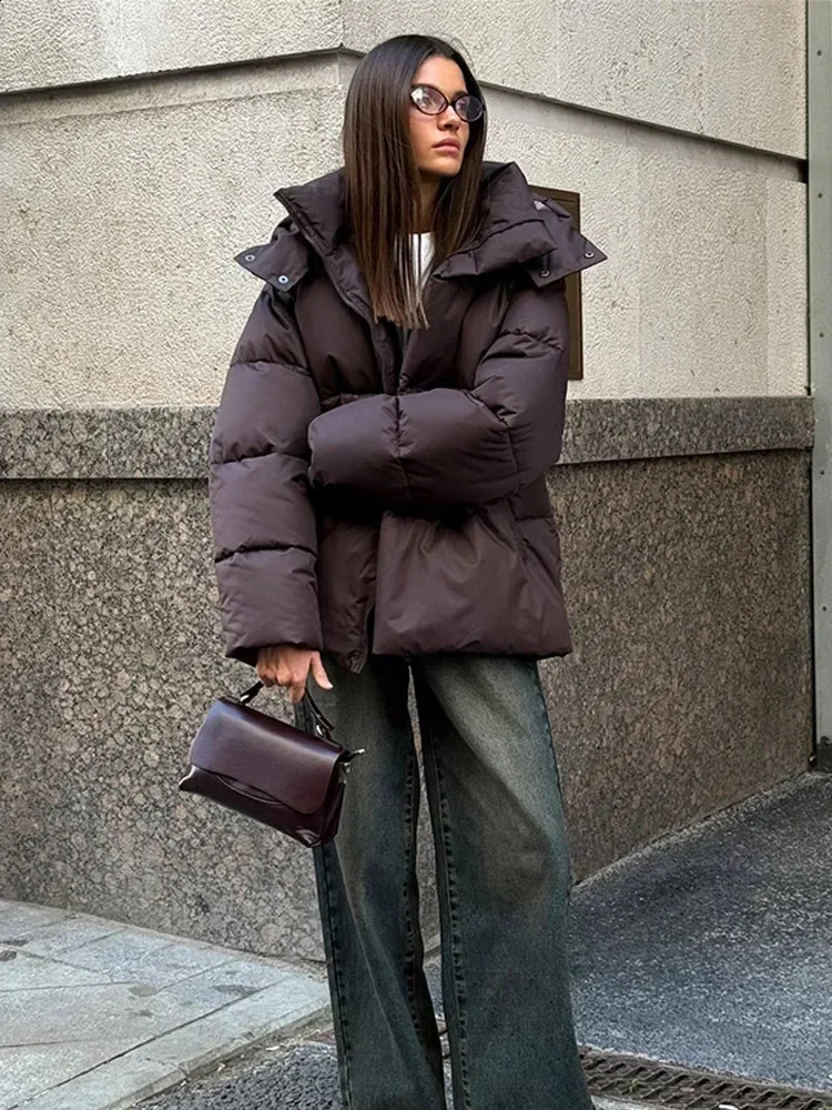 Women Thicken Hooded Down Overtised Cotton Jacket Fashion Long Sleeve Lapel Womens Coat Winter Lady Warm Commute Overcoat 241228