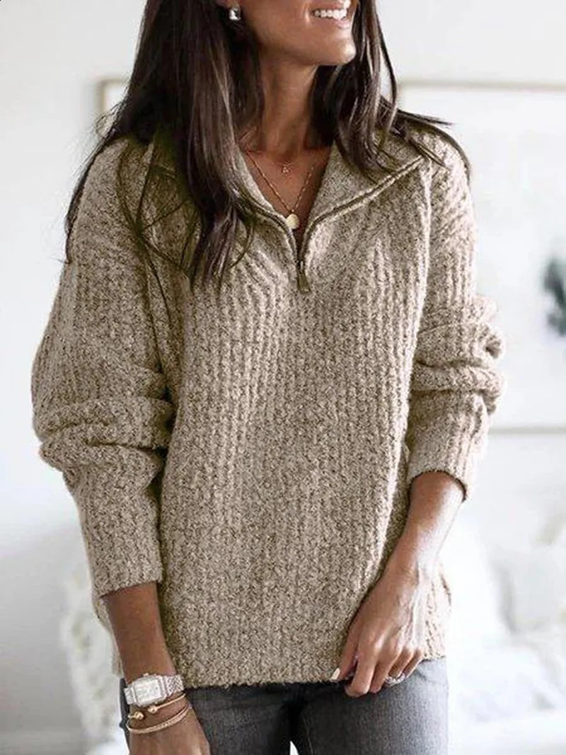 Women's Cotton Knitted Sweater - Long Sleeve Zip-Up Pullover, Casual Solid, Vintage Style, Spring Autumn Tops
