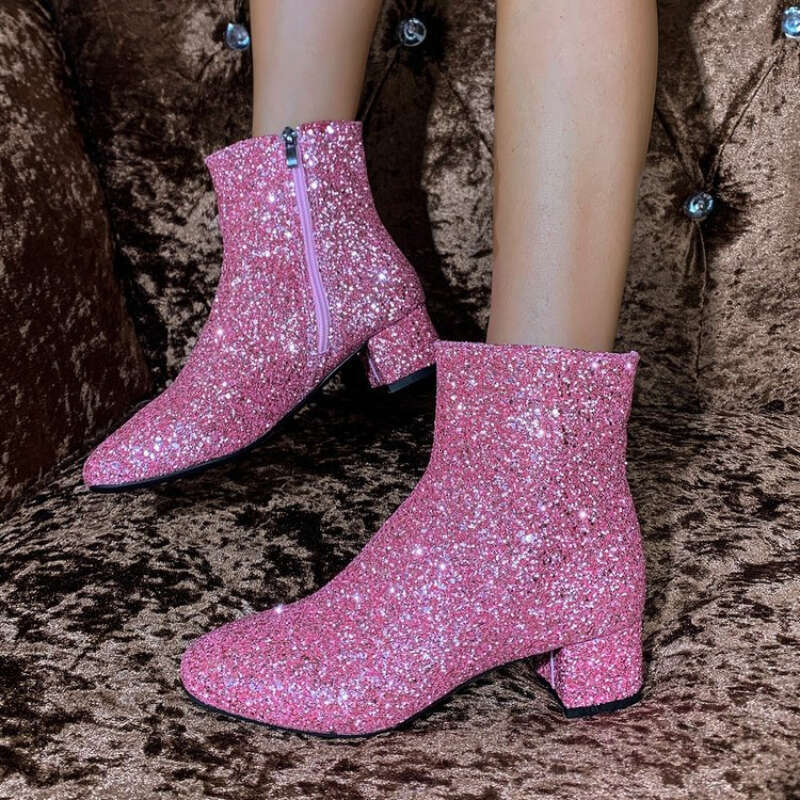Women's Plus Size Gold Sequin Embellished Round Toe Side Zipper Short Warm Fleece ing Chunky Heel Anti-Wind Ankle Boots
