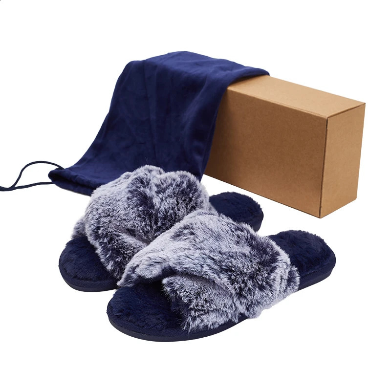 Furry Slipper House Blue Women Winter Cross Fluffy Fur Home Slide Flat Indoor Floor Shoes Ladies Flip Flops 241223