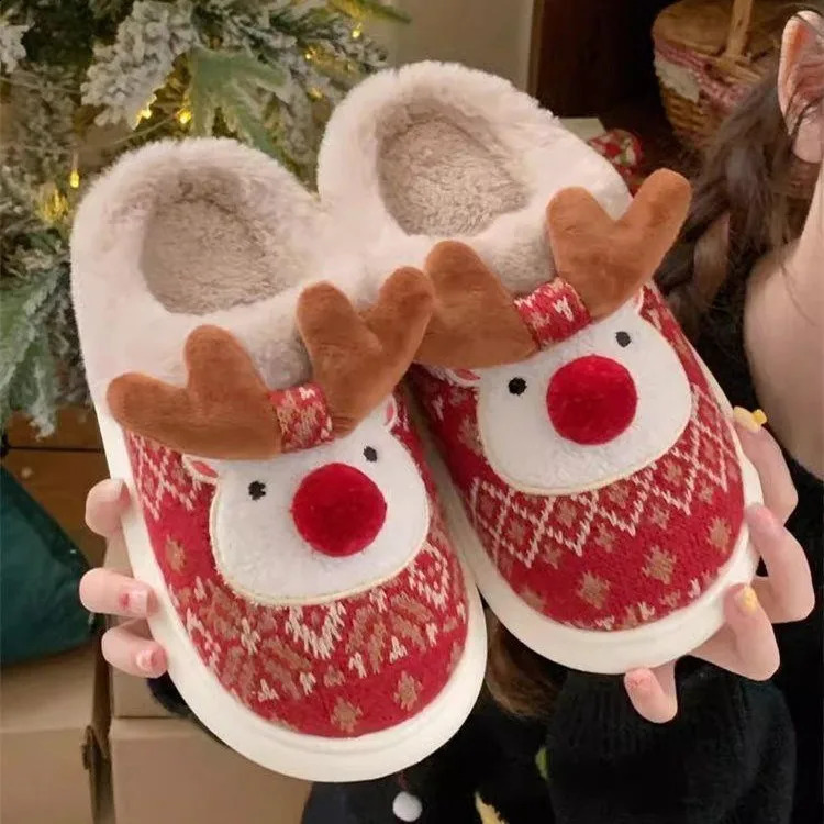 Christmas Cotton Slippers For Women Cute Cartoon Deer Antislip Girls Indoor Home Floor Shoes Couple Fashion Party Slides 241223