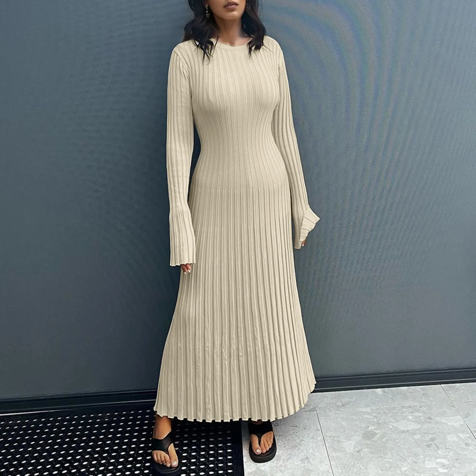 WomenS Ribbed Knitted Midi Dress Long Sleeve Round Neck Long Dress For Fall Party Bodycon Sweater Dress Vestidos Para Mujer 241224