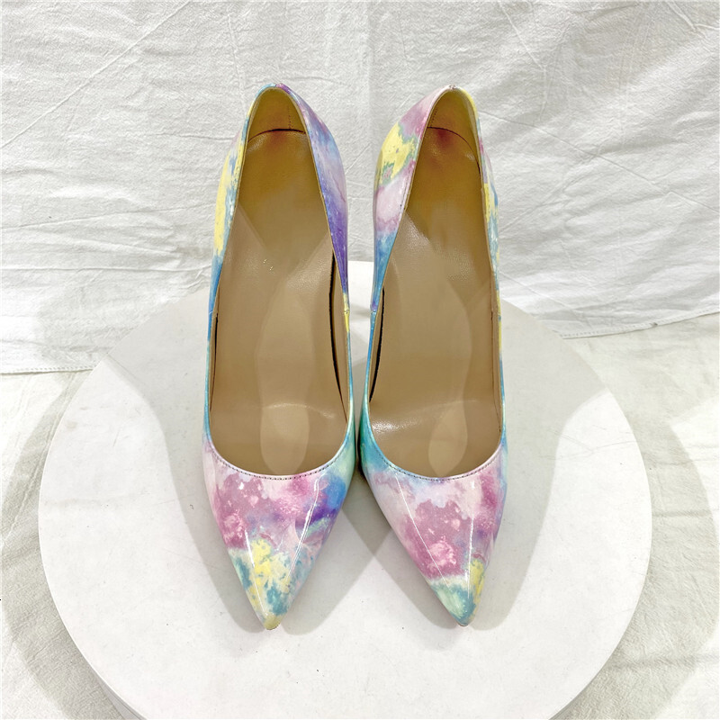 Colorful Print Patent Leather Women's Pointed Toe Stilettos Sexy Ladies Banquet Slip-On High Heels 8Cm 10Cm 12Cm Party Shoes