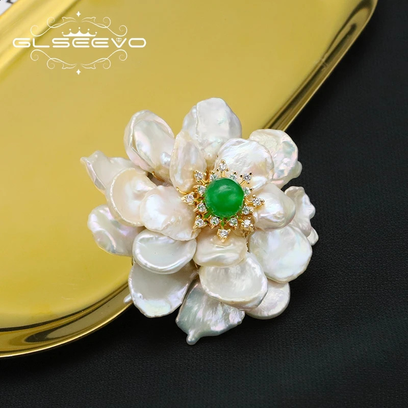 GLSEEVO Natural Tahitian Baroque Pearls Woman Brooch Green natural stone accent n Exquisite Romantic Jewelry Anniversary 241227