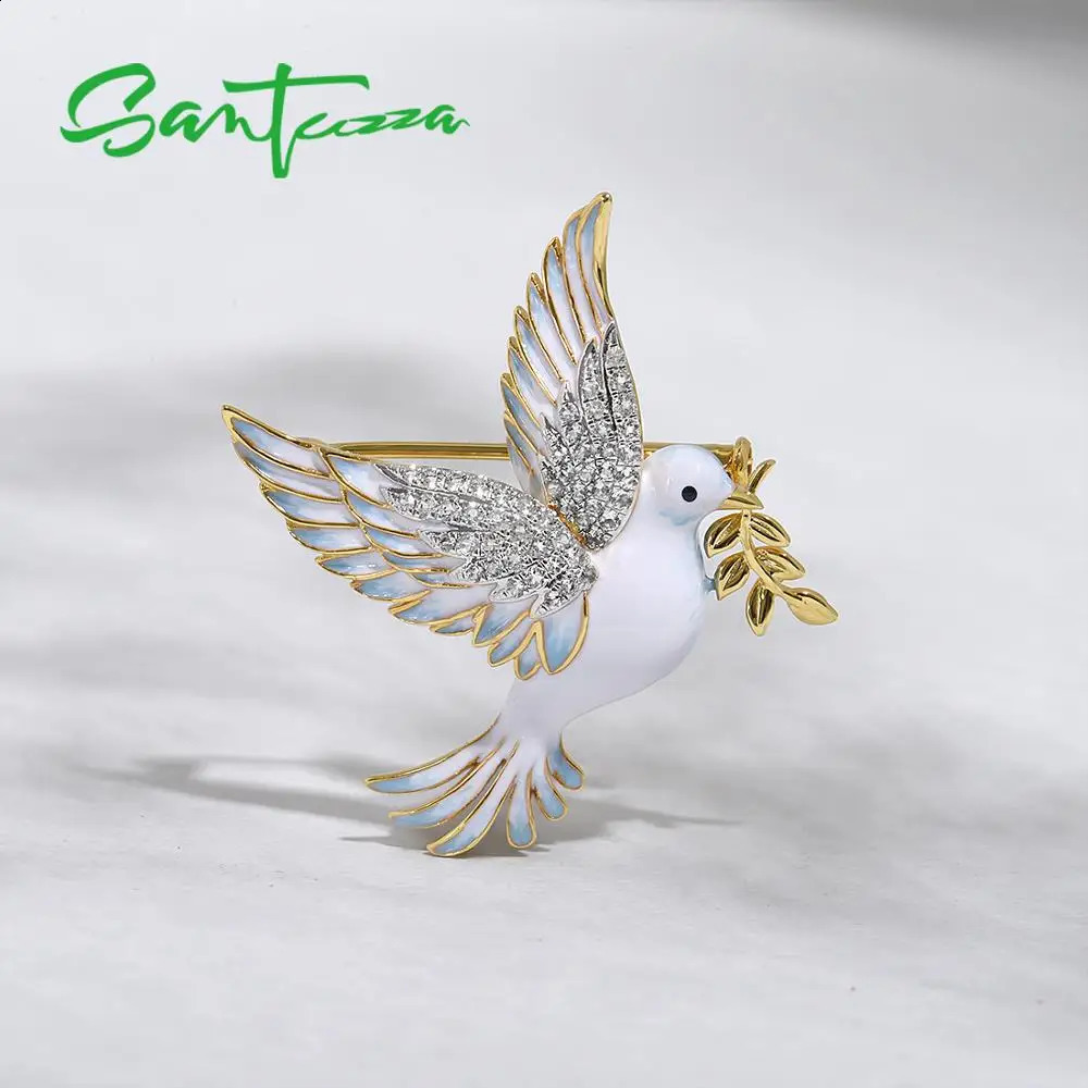 SANTUZZA Silver Brooch for Women Pure 925 Sterling Silver Yellow Gold Color Peace Bird Animal Jewelry Handmade Enamel 241227
