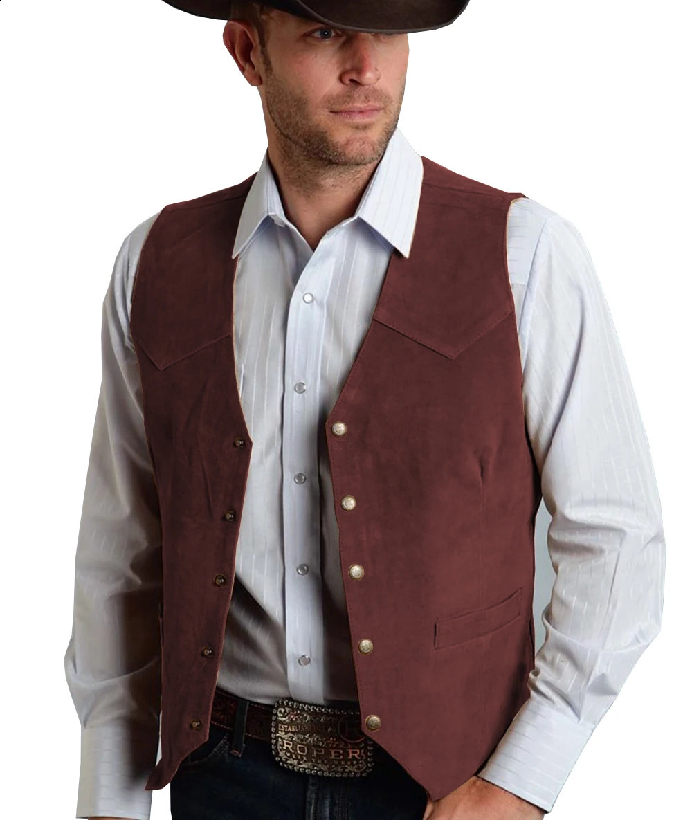 Brown Vest Mens Formal Business Suit Suede Waistcoat Groomsmen For Wedding Cowboy 241228